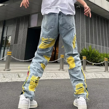 Aidase Streetwear Men Stylish Hip Hop Ripped Patch Slim Fit Jeans Pants Streetwear Casual Straight Denim Trousers aidase-shop